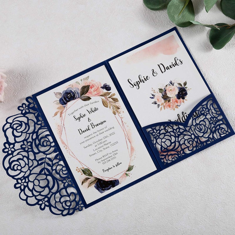 DreamBuilt 4.7 x7 inch 50PCS Blank Navy Blue Wedding Invitations Kit Laser Cut Hollow Rose Pocket Wedding Invitation Cards with Envelopes for Wedding Bridal Shower Engagement Invite - Image 3